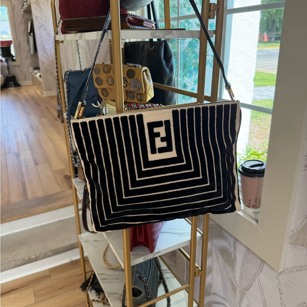 Fendi Black and White Striped Shoulder Bag